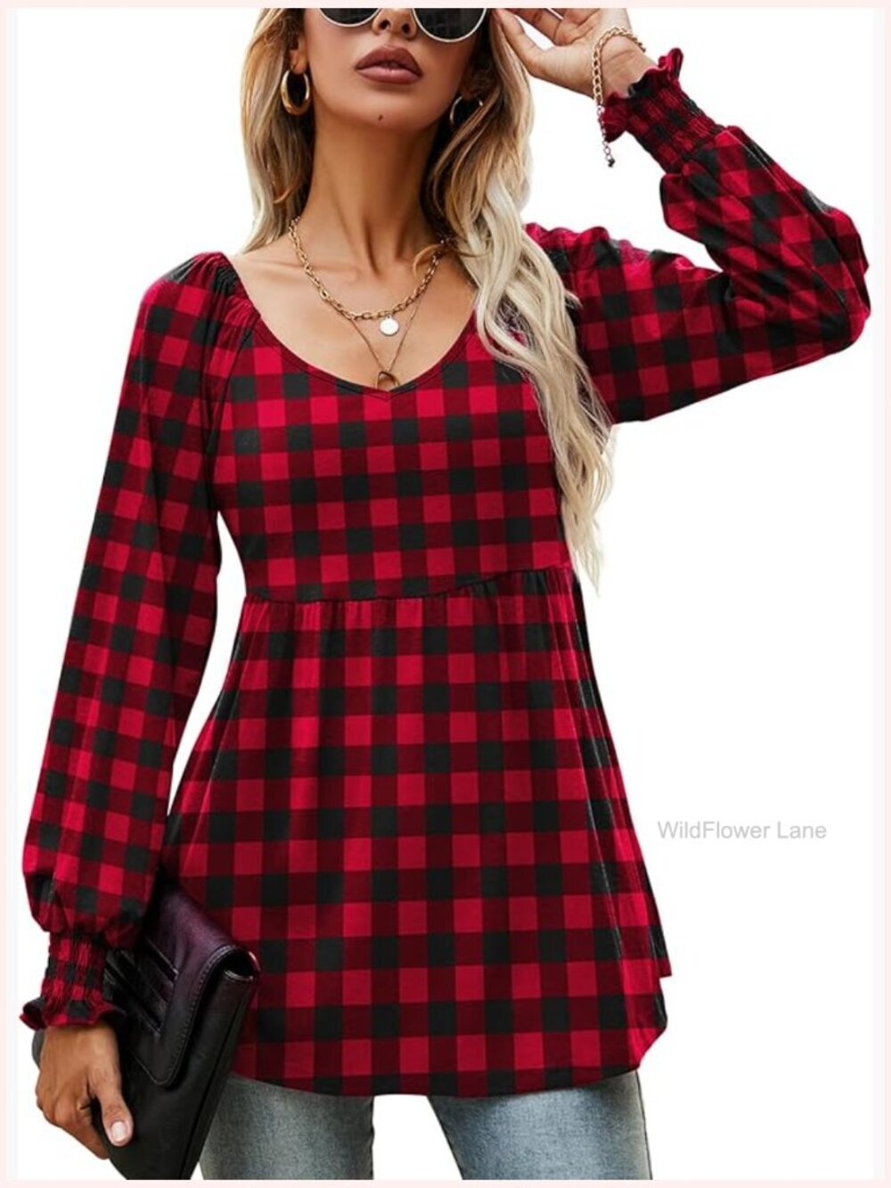 Puff Long Sleeve V Neck Tunic Top Peplum Blouse T-Shirt Flow Babydoll